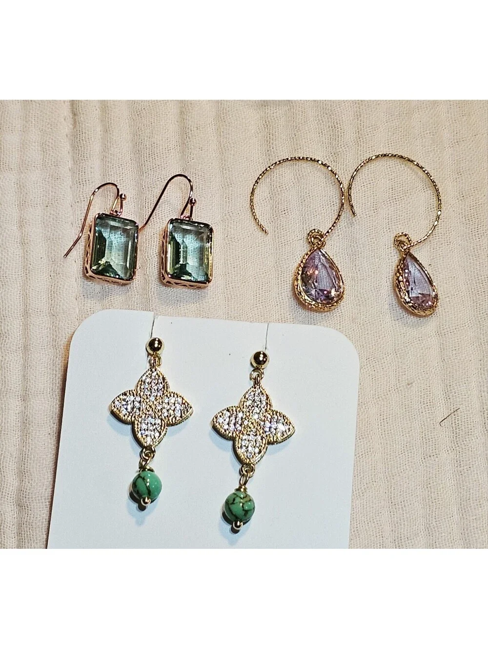 Lot of 3 Statement Dangle Earrings Gold-plated Green Crystal Turquoise CZ Purple